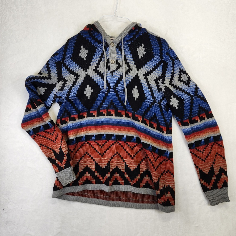 Sun + Stone Mens Southwestern Geometric Knit Hoodie Sweater Blue Orange XL